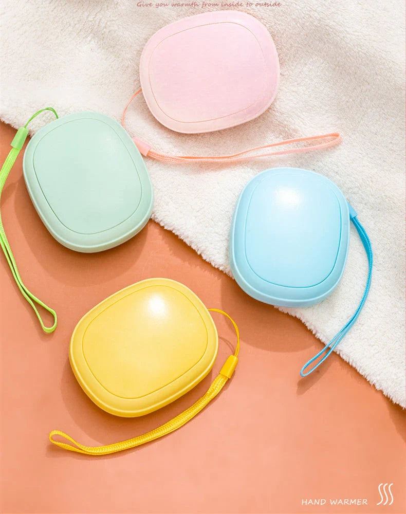 Compact, pebble-shaped hand warmer with adjustable heating settings, available in multiple colors