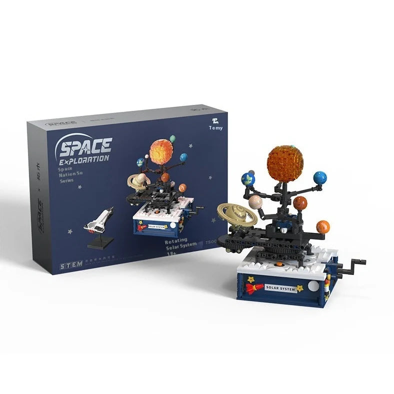 Electric building blocks solar system model with rotating Earth instrument and flashing LED lights assembled from 200+ ABS plastic pieces