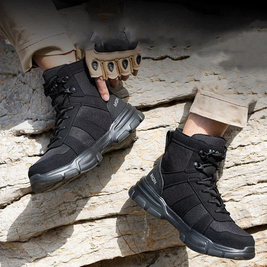 High-top protective shoes with steel toe and anti-puncture sole in black and beige