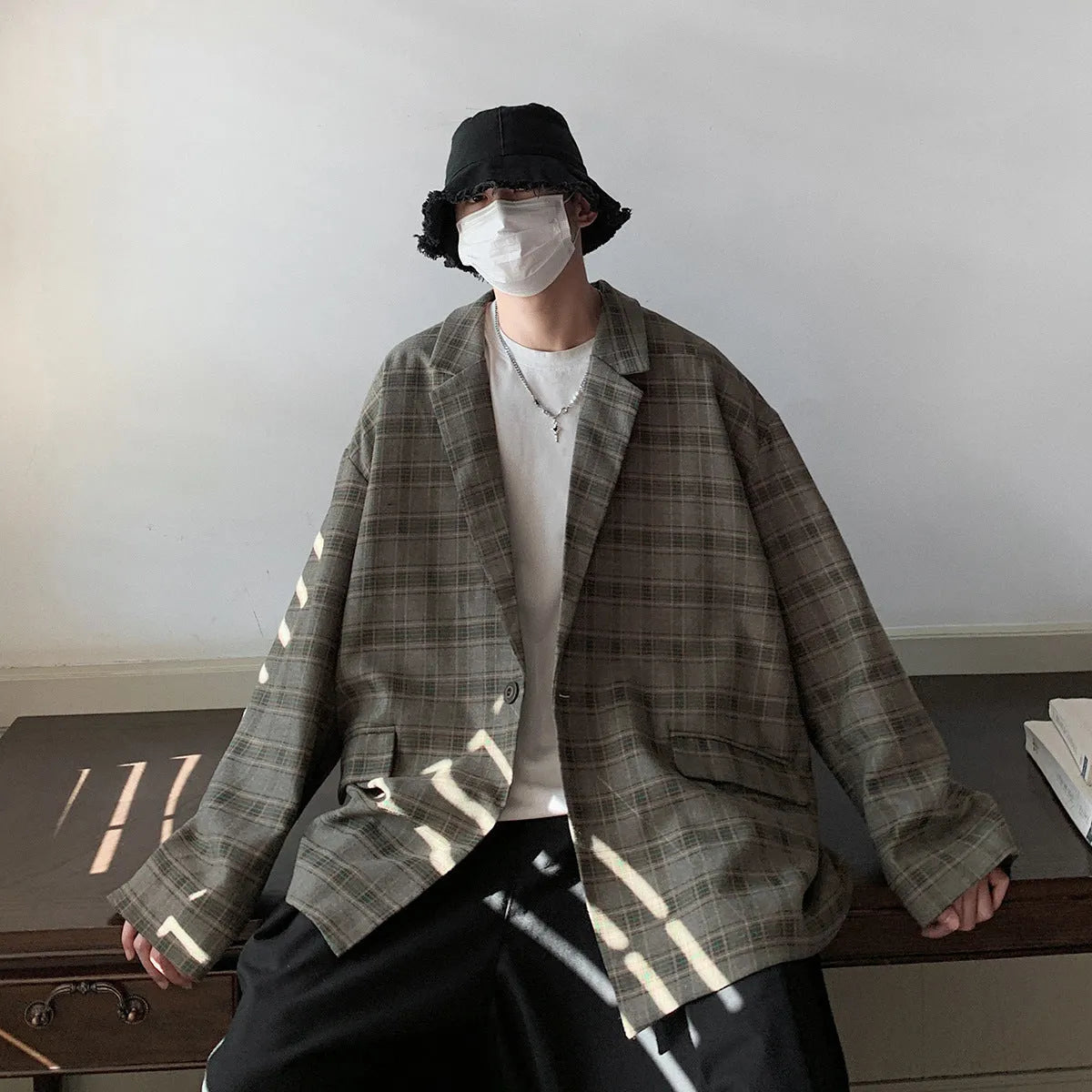 Men's retro plaid loose jacket in acetate fibre, sizes M to 4XL, casual outerwear