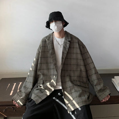 Men's retro plaid loose jacket in acetate fibre, sizes M to 4XL, casual outerwear
