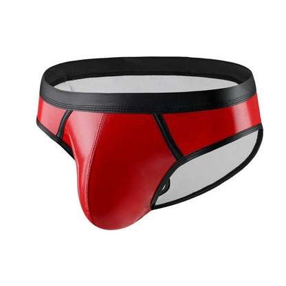Men's low-waist bikini swim briefs in patent leather gold, red, or silver colours with body-shaping polyester construction