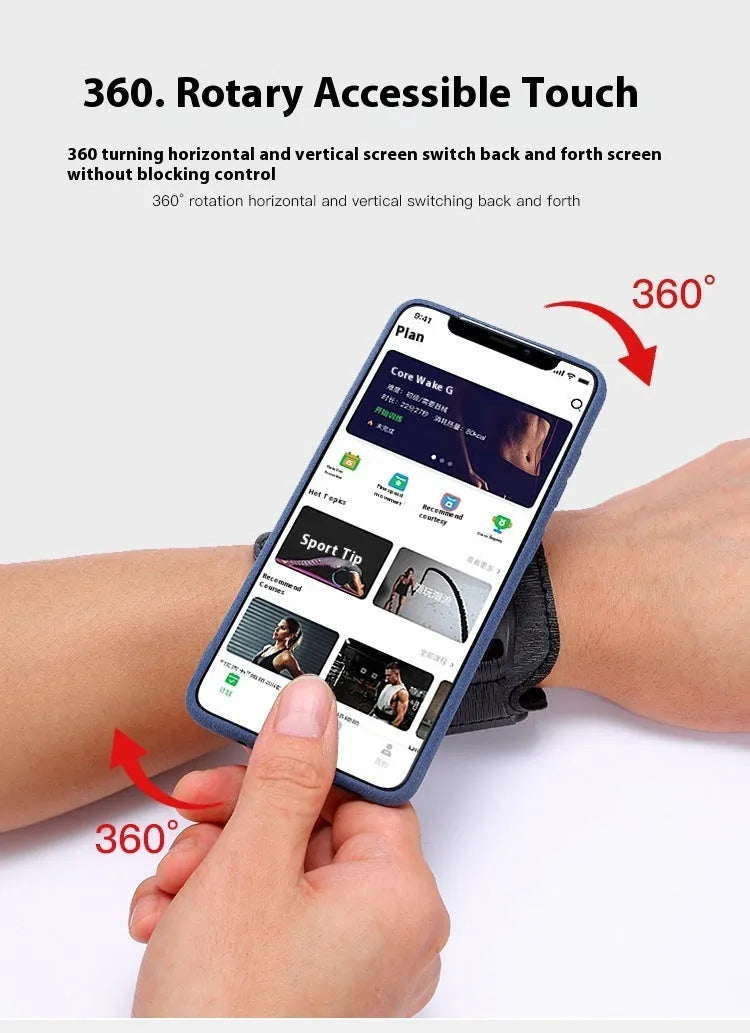 Black ABS PC mobile phone wrist strap holder for 4-7 inch smartphones, shown on a wrist for delivery or running.