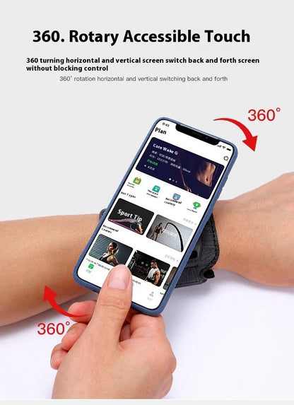 Black ABS PC mobile phone wrist strap holder for 4-7 inch smartphones, shown on a wrist for delivery or running.