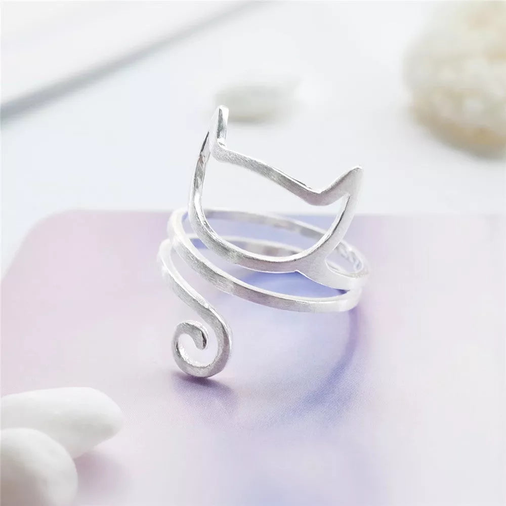S925 Silver Personalized Winding Brushed Cute Cat Ring with adjustable opening