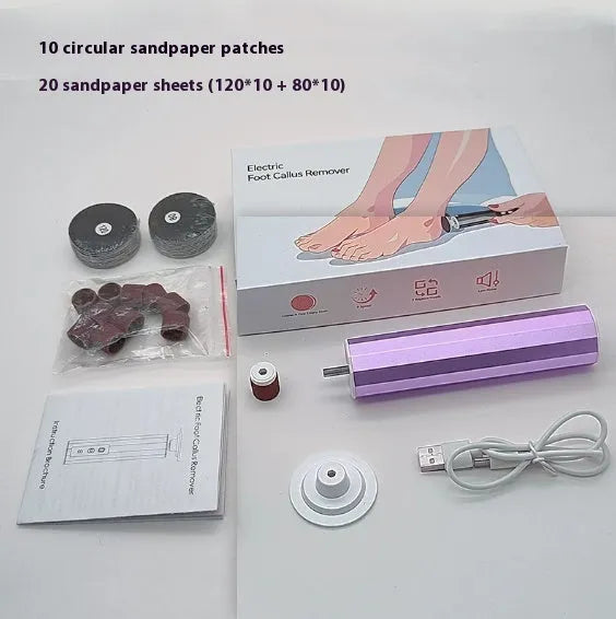 USB-powered electric callus remover and foot file device with grinding pads, in black, pink, or purple, presented in a gift box.