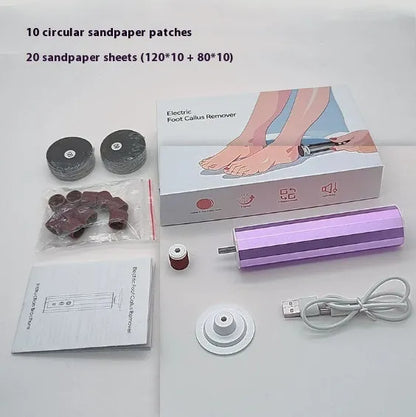 USB-powered electric callus remover and foot file device with grinding pads, in black, pink, or purple, presented in a gift box.