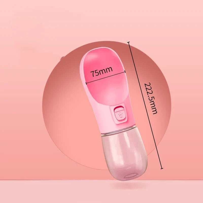 Portable pet water bottle and feeding bowl made of durable, BPA-free plastic with a leak-proof design and large opening for easy drinking and refilling