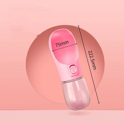 Portable pet water bottle and feeding bowl made of durable, BPA-free plastic with a leak-proof design and large opening for easy drinking and refilling