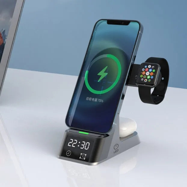 Black multifunctional wireless charging alarm clock with six device charging capability and integrated clock display