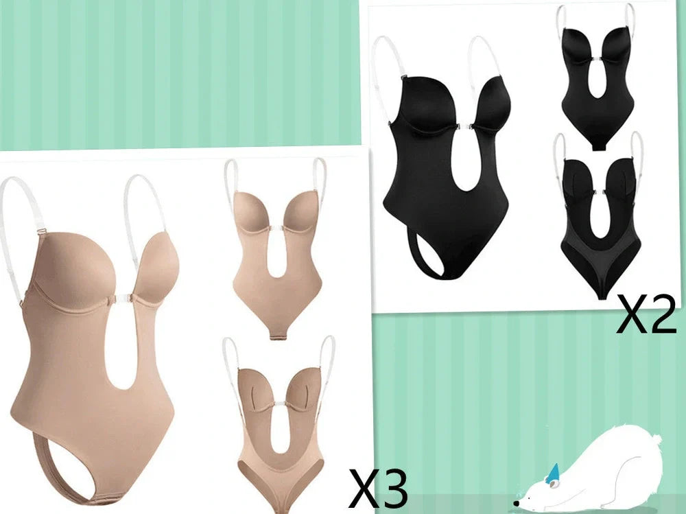 Black spandex body shaping dress with deep V back design and stomach compression