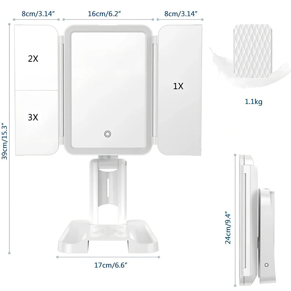 White LED makeup mirror with folded design showing rotation mechanism and magnification lenses