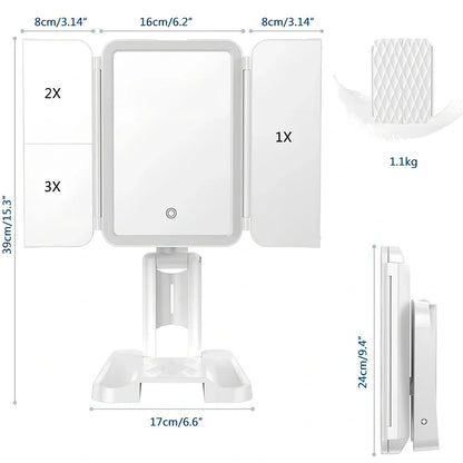 White LED makeup mirror with folded design showing rotation mechanism and magnification lenses