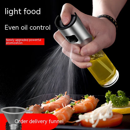 Clear glass kitchen oil dispenser, 100ml capacity, with stainless steel automatic nozzle and funnel, straight modern design