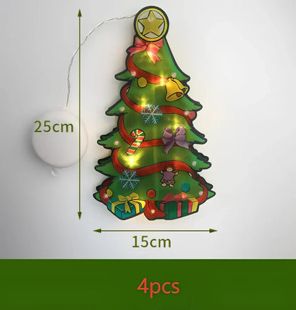 LED Christmas hanging lights with suction cups showing snowman design illuminated on window