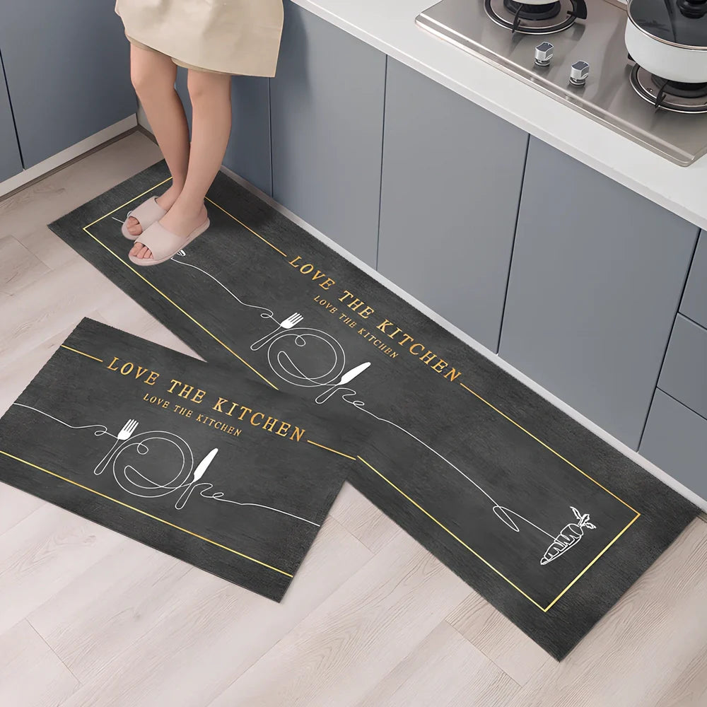 Rectangular polyester kitchen floor mat with machine-woven texture in modern design