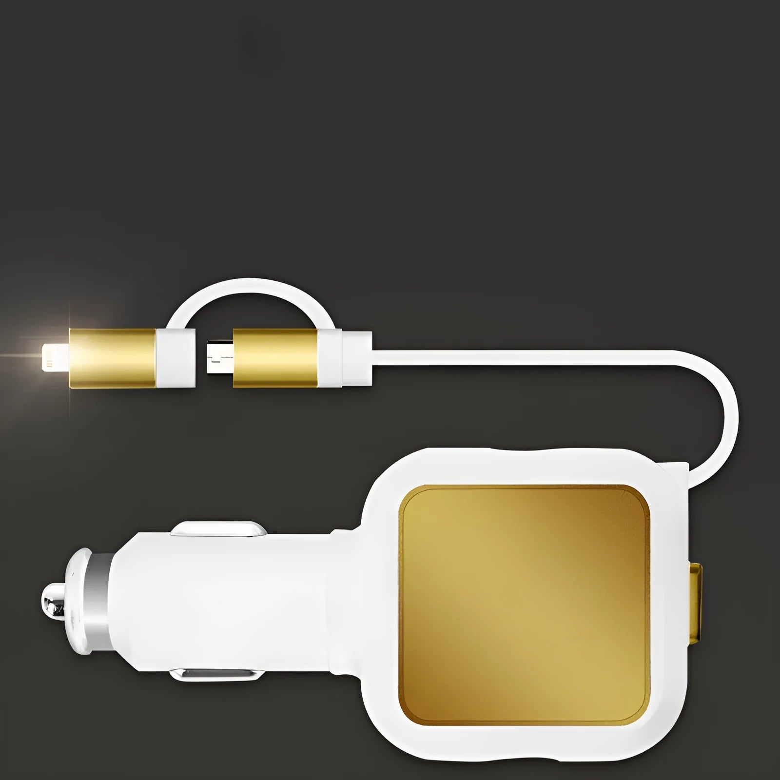 Black and gold dual USB car charger with retractable cable plugged into vehicle power socket