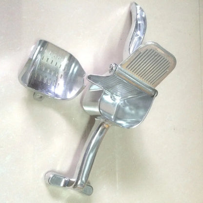 Silver heavy duty aluminium and steel lemon squeezer with large bowl and long handle.
