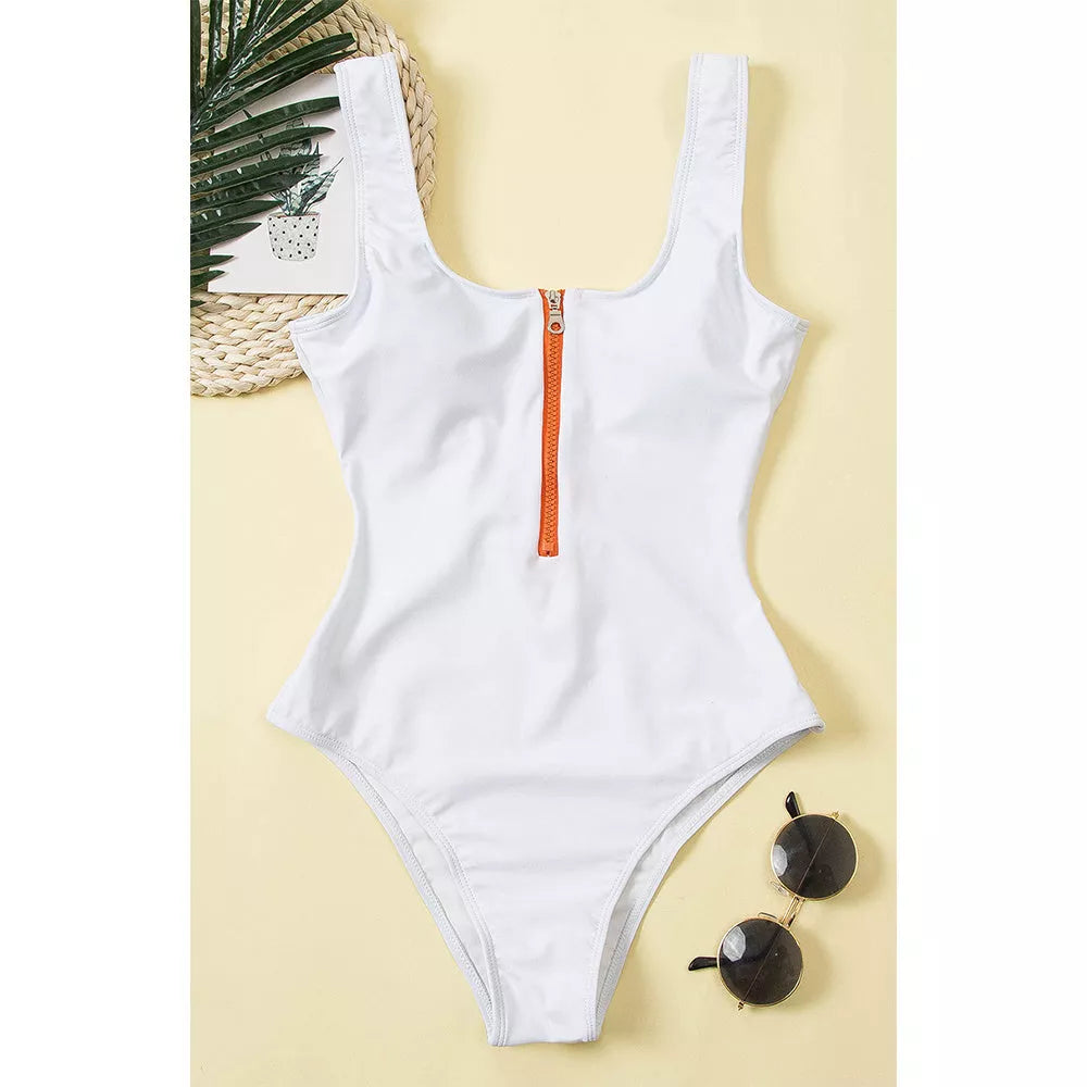 Ladies one-piece swimsuit with front zipper and printed design in various colors