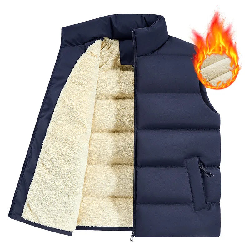 Man wearing a black and white stripe lambswool vest jumper for winter.
