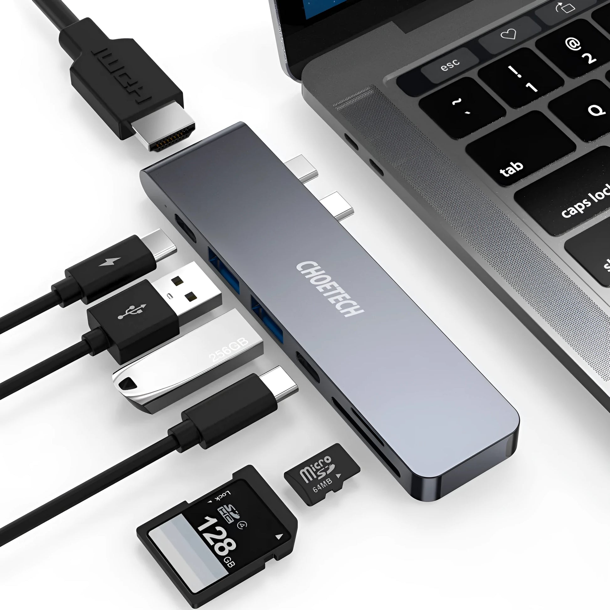 Black aluminium alloy USB C adapter with SD card slot, Thunderbolt 3, HDMI, and USB ports