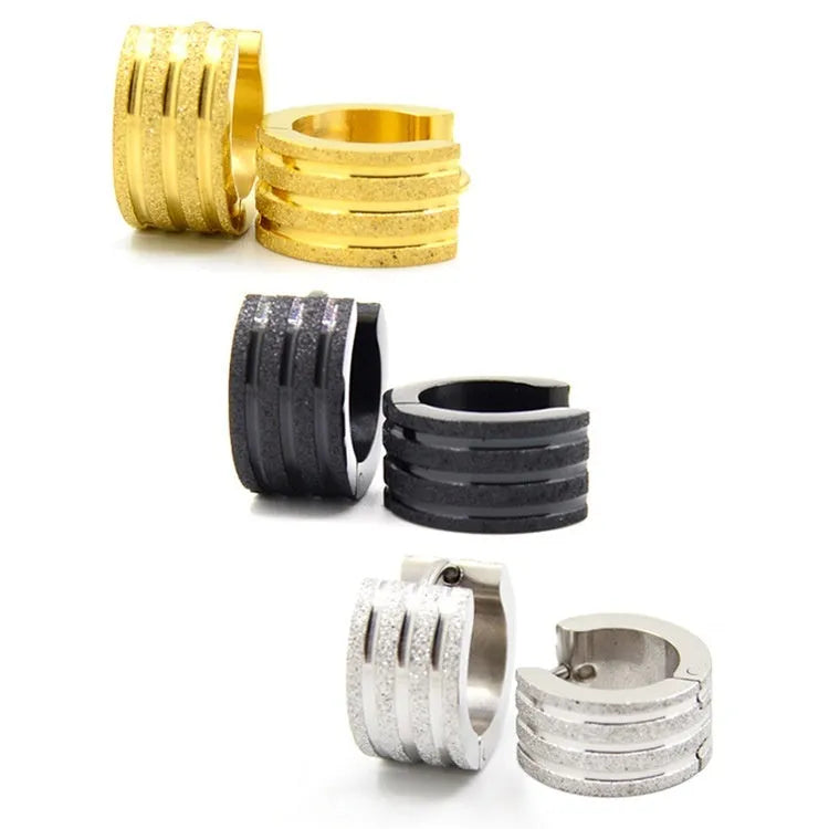 Geometric titanium steel earrings with frosted three-line design in black, gold, and steel colour finishes