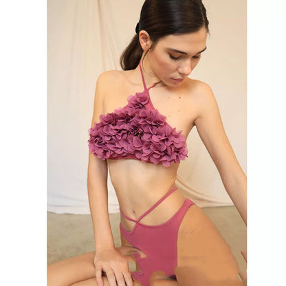 Floral bikini lace-up swimsuit in bean paste and shrimp red colors