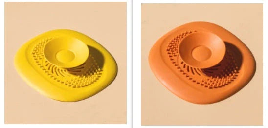 TPR vortex design sink drain cover in twilight orange, quiet blue, mango yellow, and gentian green