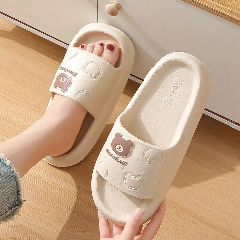 Cartoon bear slippers with thick non-slip soles in various colors for indoor comfort