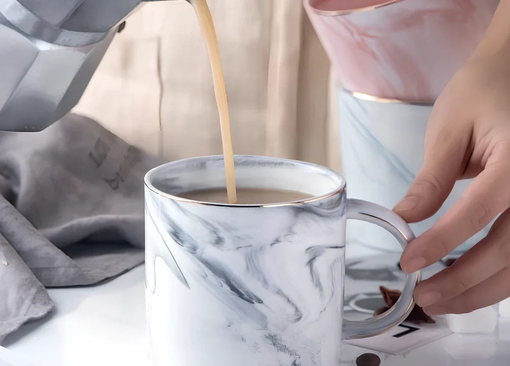 Grey marble pattern ceramic breakfast cereal mug with 350ml capacity and rounded handle