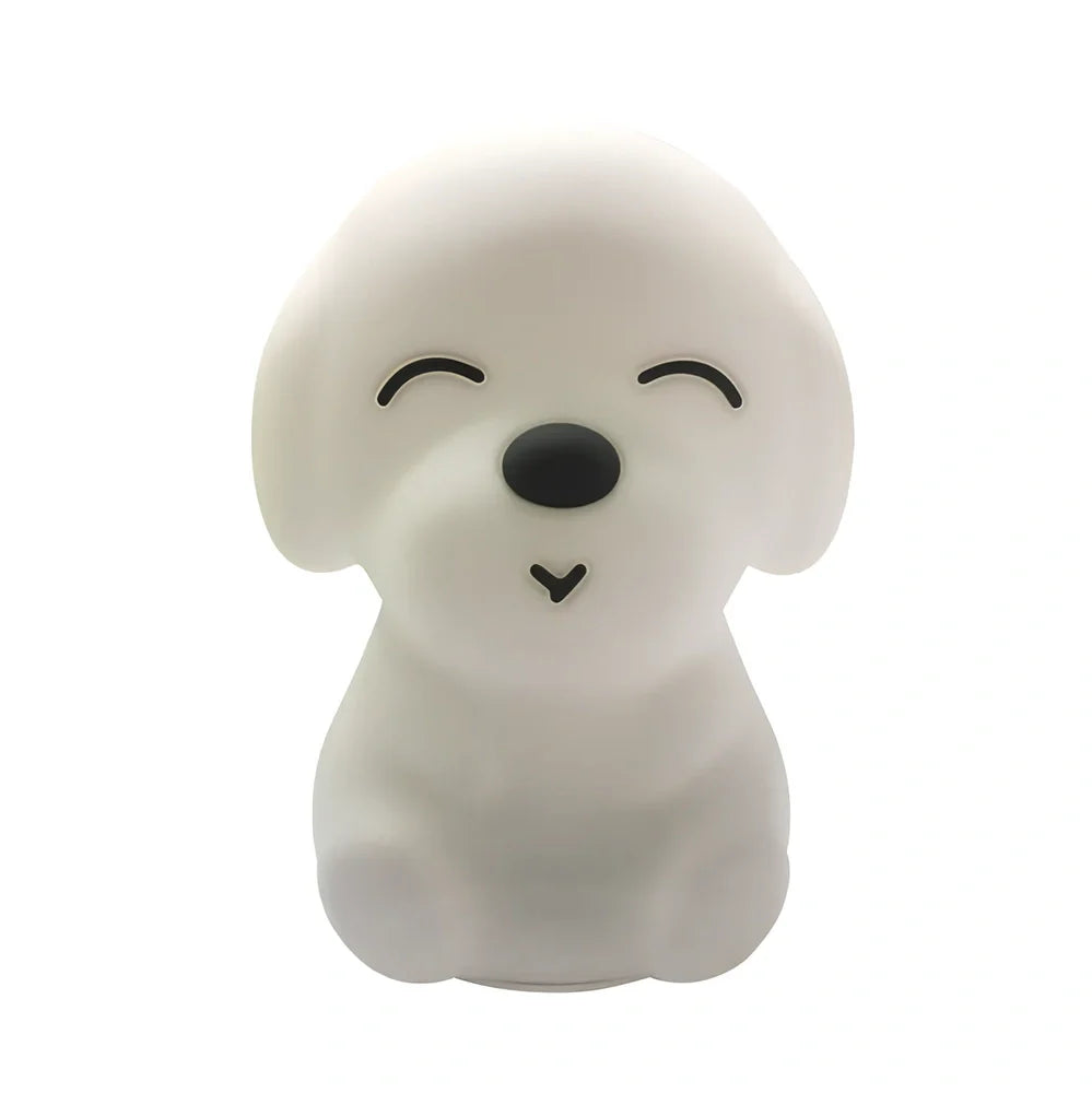 White silicone dog shaped table lamp with touch sensitive nose and colourful LED illumination
