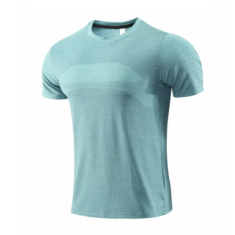 Close-up of a red polyester-spandex sports t-shirt on a hanger, showing the short sleeve and fabric texture.