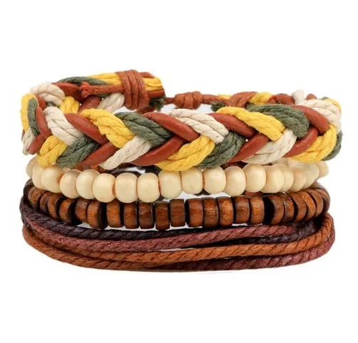 Hand-woven brown leather bracelet with wooden beads and rope detailing on a wrist.