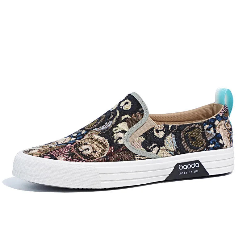 Men's low top canvas slip-on sneakers in khaki colour with vulcanised rubber sole.