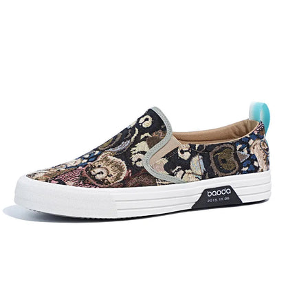 Men's low top canvas slip-on sneakers in khaki colour with vulcanised rubber sole.