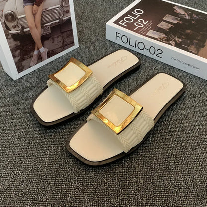 Women's summer flat slippers in apricot, black, and khaki colours with PVC non-slip soles