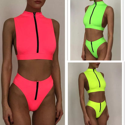 Fluorescent solid bikini swimsuit in yellow, green, and pink, sizes S, M, L