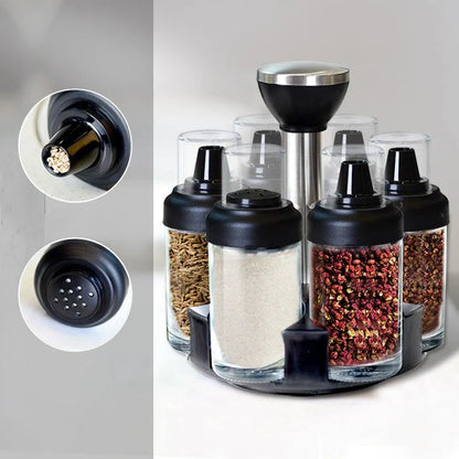 Glass rotating seasoning box set with anti-leakage design on kitchen counter