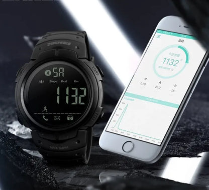 Sports smart watch with 50mm black dial and Bluetooth connectivity for iOS and Android