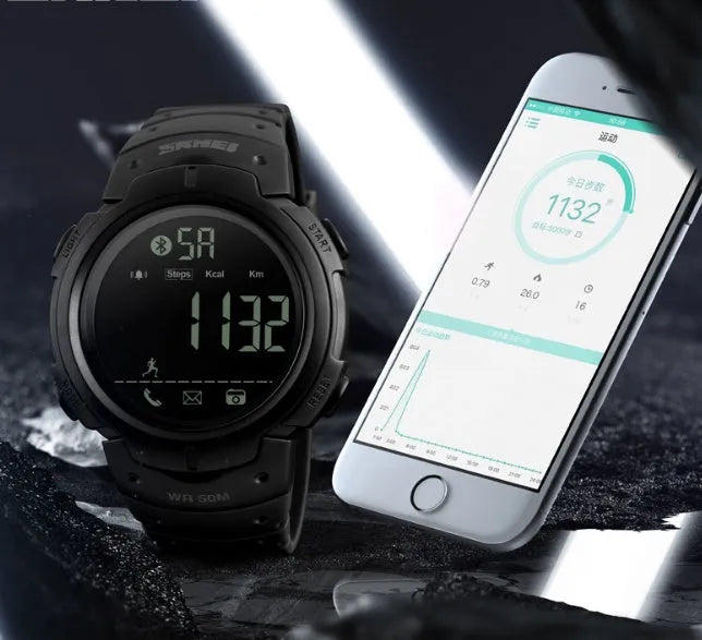 Sports smart watch compatible with Apple iPhone IOS and Android system Bluetooth connectivity features a 50mm round dial in black or army green colours with resin mirror stainless steel pin buckle and PU strap materials