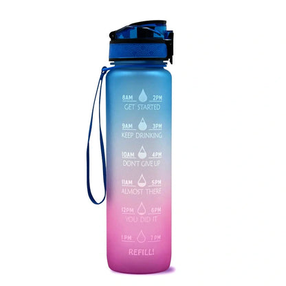 Tritan sports water bottle with frosted gradient finish and flip-top lid showing blue-red colour transition