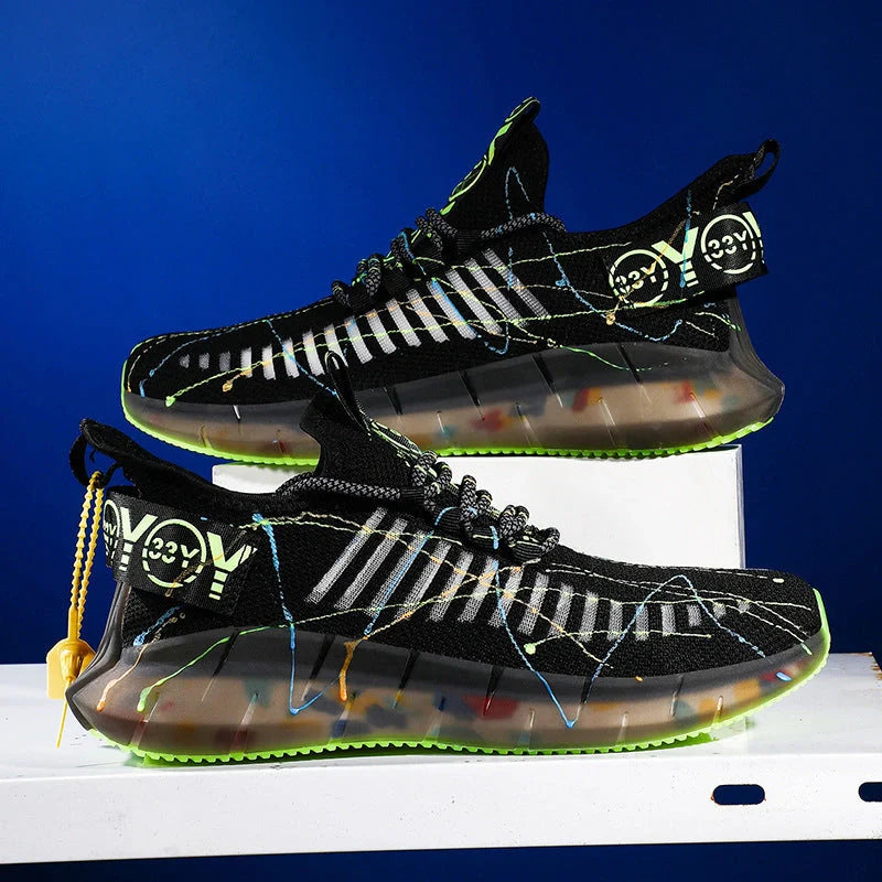 Men's luminous casual shoes with flying weave upper in white, black, and apple green