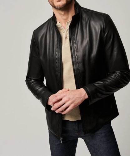 Black men's retro-style polyester jacket with straight hem design and long sleeves