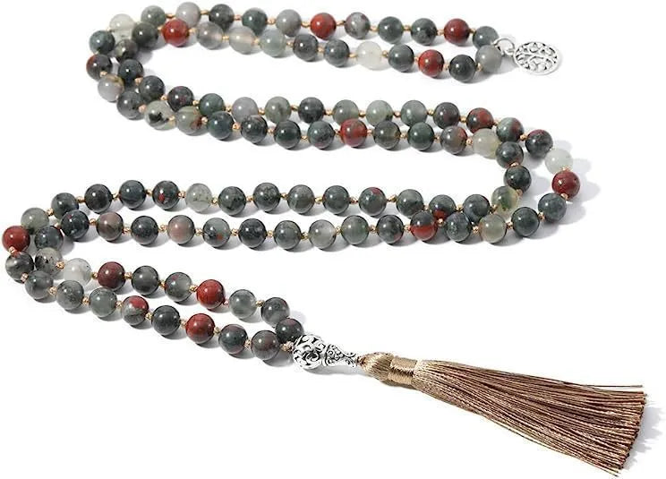 Handmade knotted beaded necklace with 108 natural stone beads in various colours.