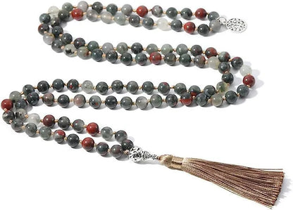 Handmade knotted beaded necklace with 108 natural stone beads in various colours.