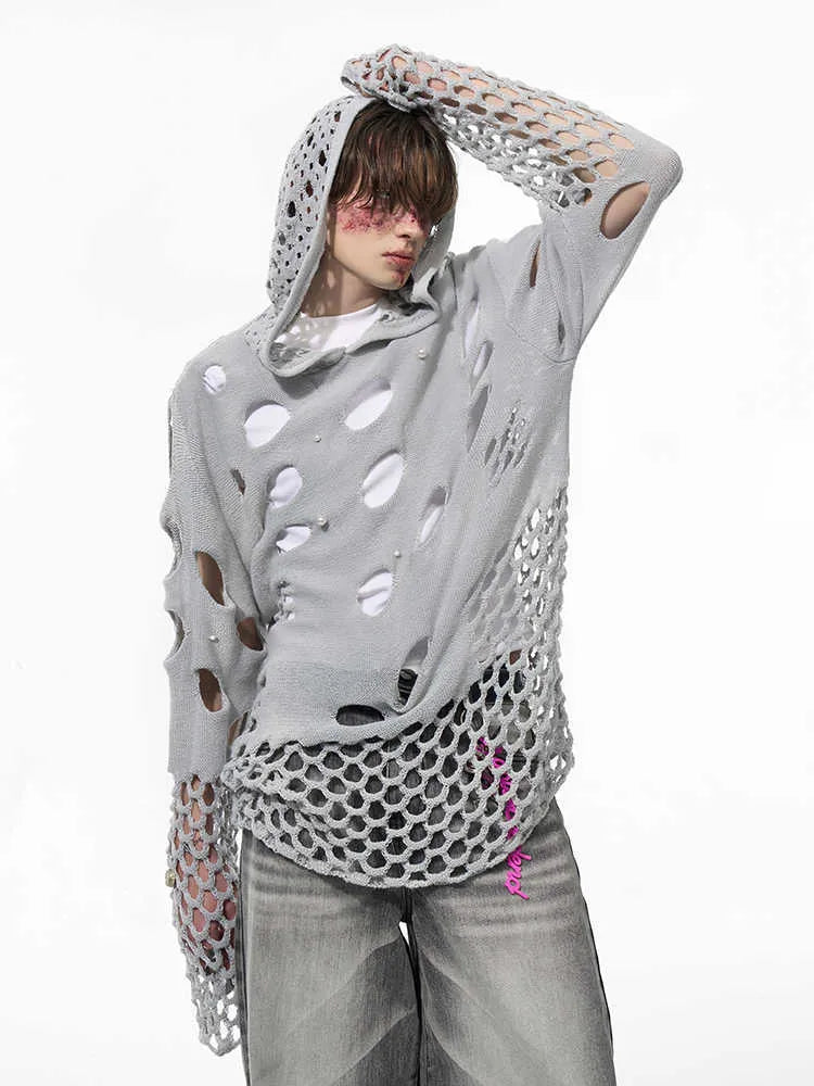 Men's black loose-fit hooded sweater with pearl decorations, thin fabric for spring
