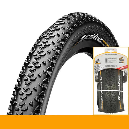 Mountain bike folding outer tyre with yellow sidewall, showing tread pattern and size label