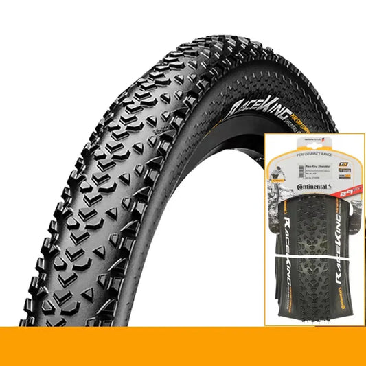 Mountain bike folding outer tyre with yellow sidewall, showing tread pattern and size label