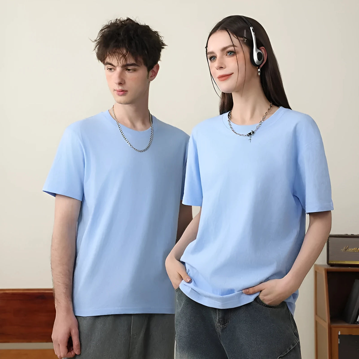 Round neck cotton summer top in solid colour, loose pullover style, sizes S to 5XL