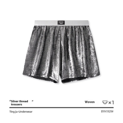 Men's reflective bright silver casual woven underwear with a loose fit and mid-waist.